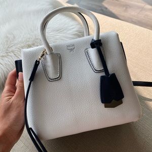 MCM White Leather Mini Satchel with Black Trim and Strap